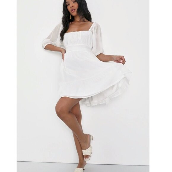 Lulus Ethereal Arrival White Puff Sleeve Tie-Back Chiffon Mini Dress Size Small - Picture 2 of 8